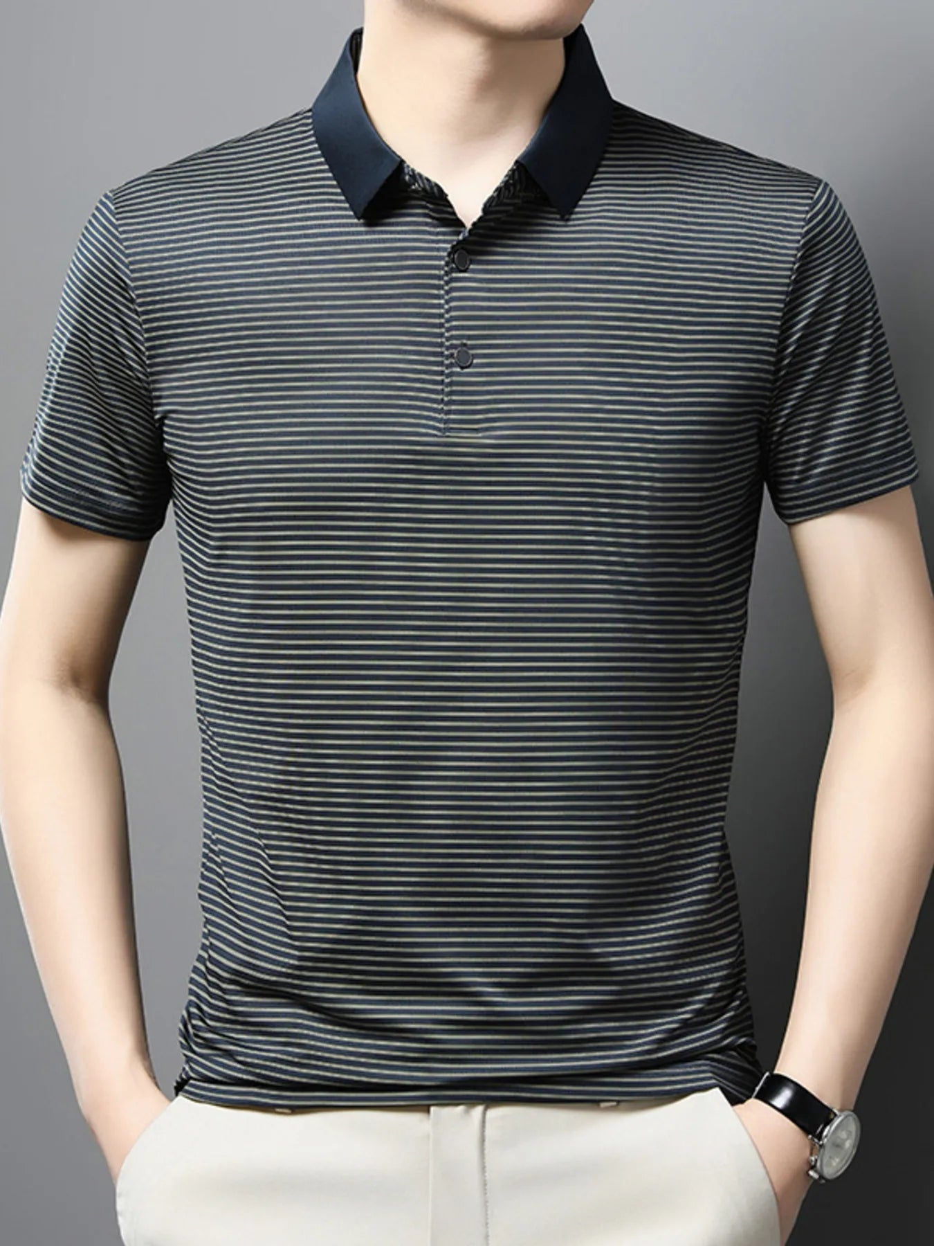 Men's Plus Size Classic Striped Business Casual Polo Shirt NicholesGifts
