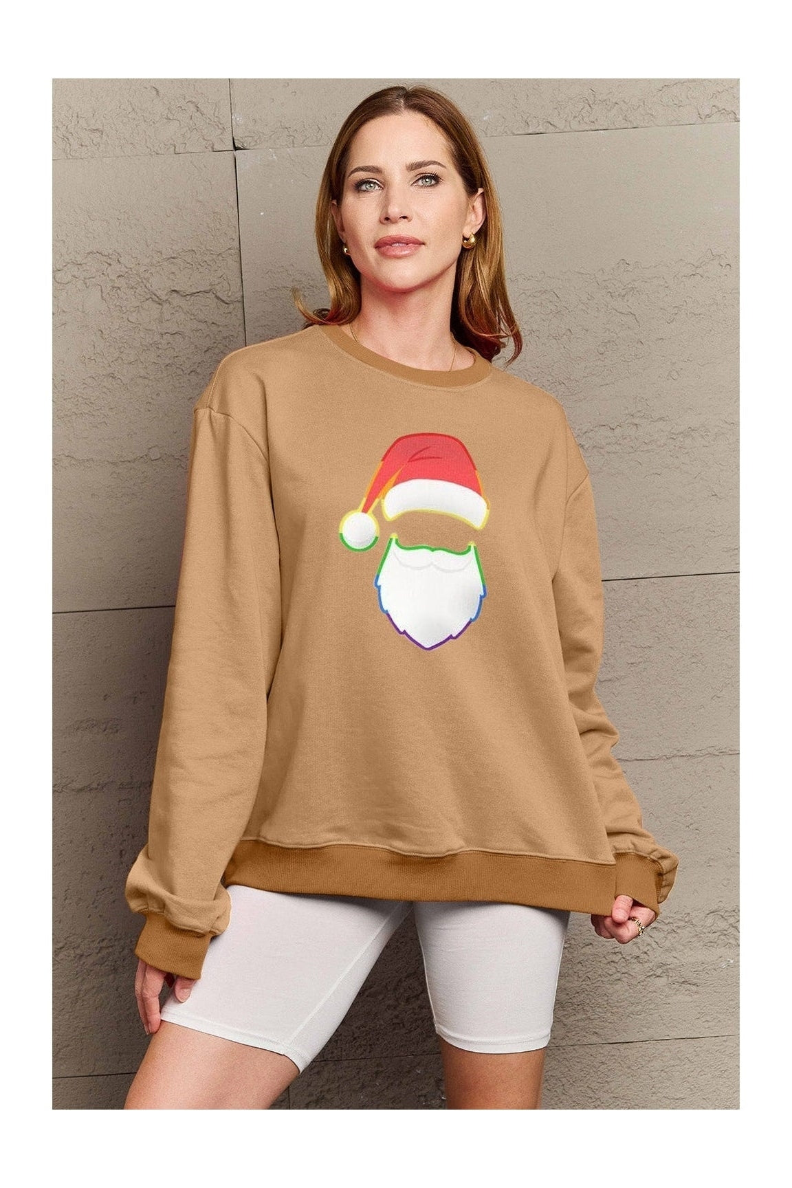 Simply Love Full Size Rainbow Santa Graphic Round Neck Sweatshirt nicholesgifts