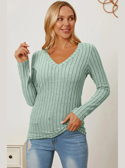 Basic Bae Full Size Ribbed V-Neck Long Sleeve T-Shirt nicholesgifts