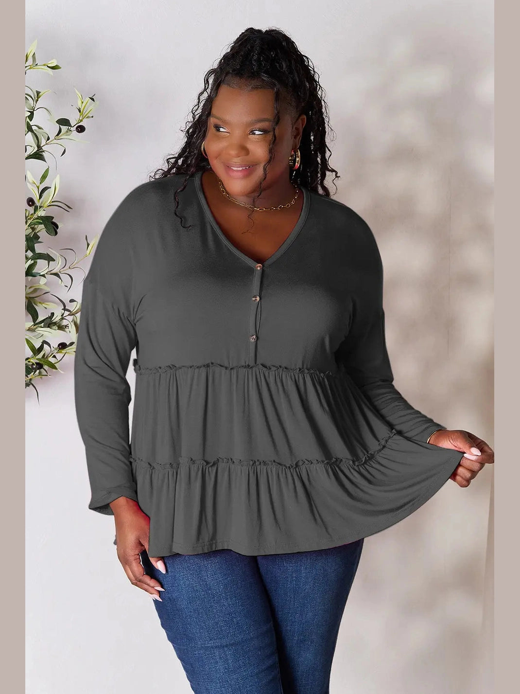 Double Take Half Button Long Sleeve Ruffle Hem Blouse nicholesgifts