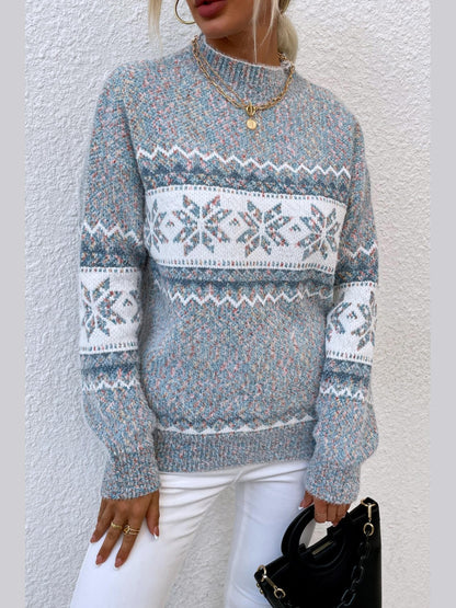 Women Snowflake Pattern Mock Neck Sweater nicholesgifts