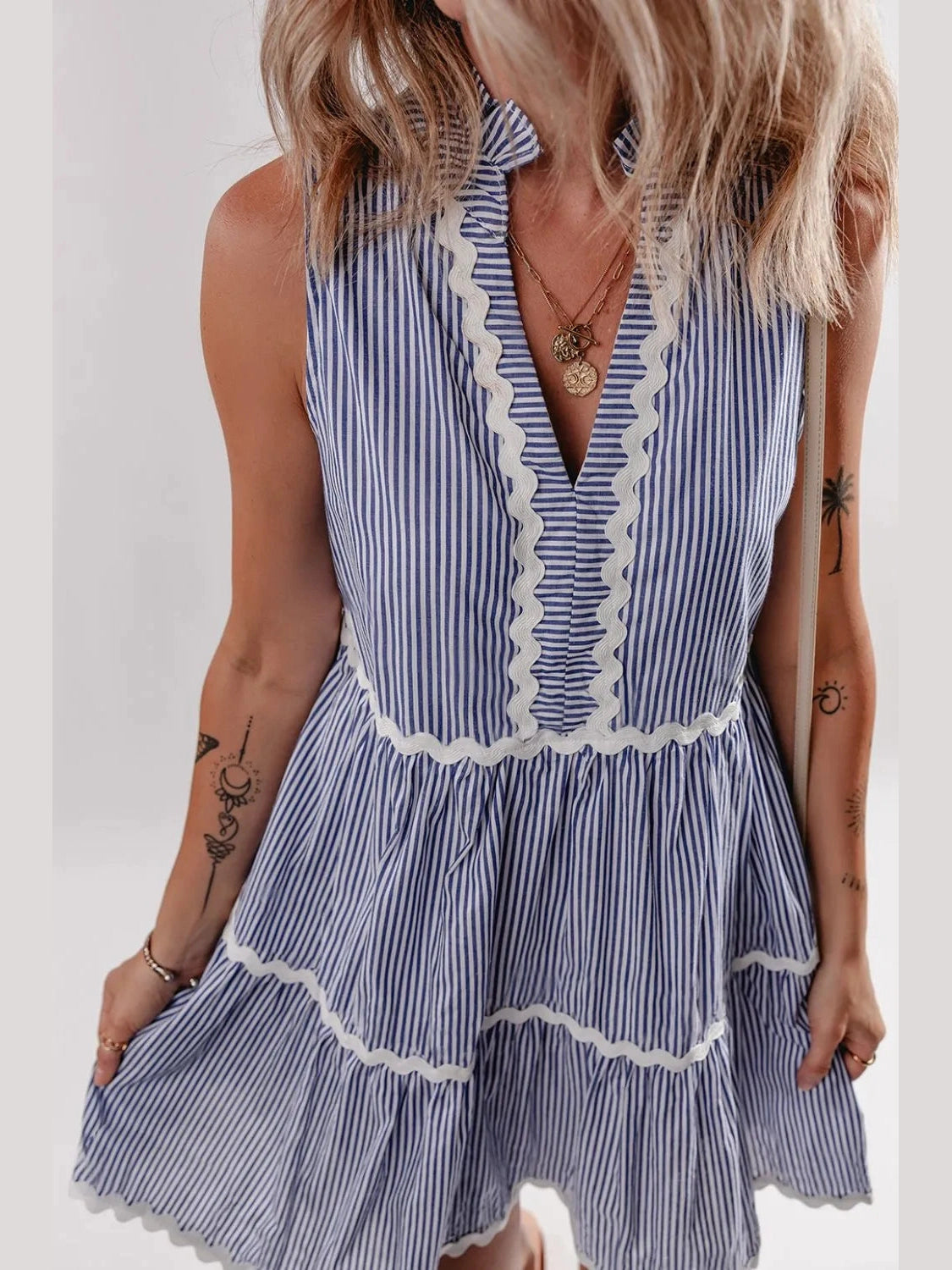 Stripe Sleeveless Notched Ric Rac Mini Dress NicholesGifts