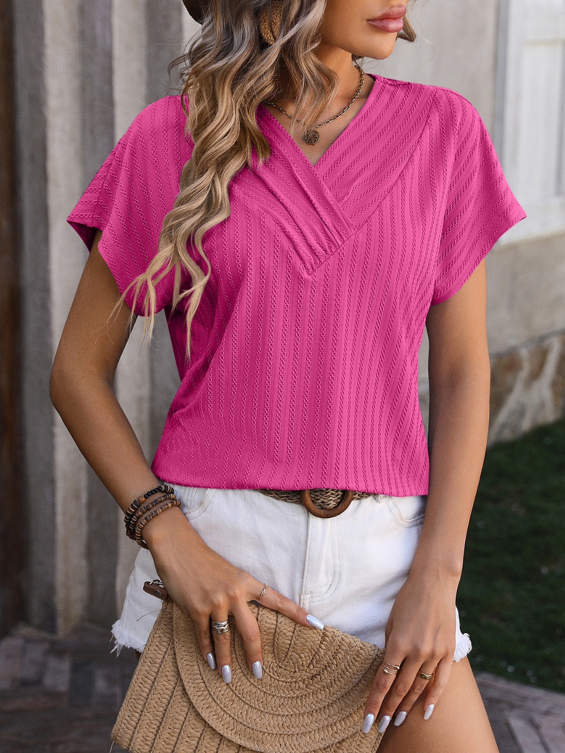 Textured Surplice Short Sleeve Blouse nicholesgifts