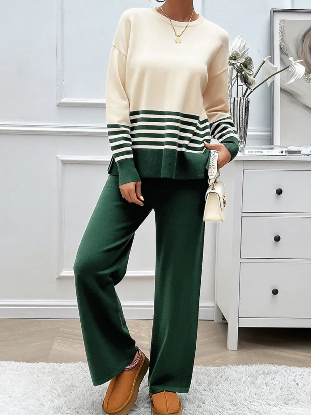 Devine Slit Striped Round Neck Top and Pants Sweater Set nicholesgifts