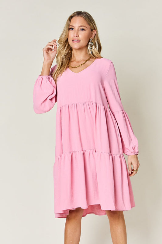 Double Take Full Size V-Neck Balloon Sleeve Tiered Dress NicholesGifts