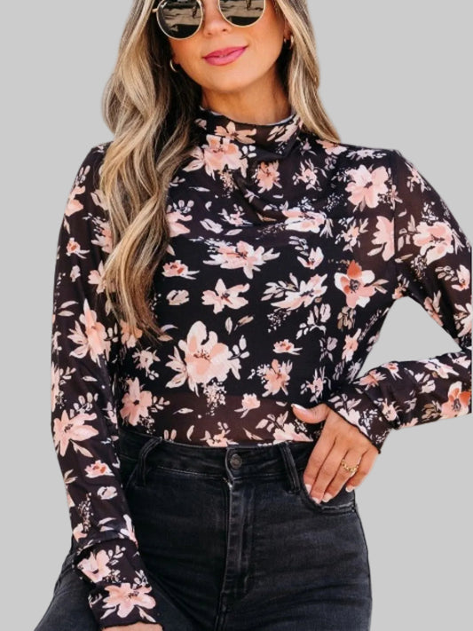 Women Floral Mock Neck Long Sleeve Blouse nicholesgifts