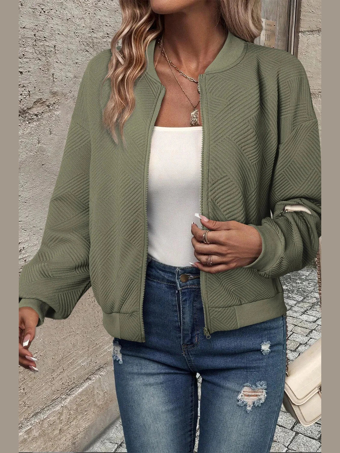 Textured Zip Up Baseball Collar Jacket Trendsi