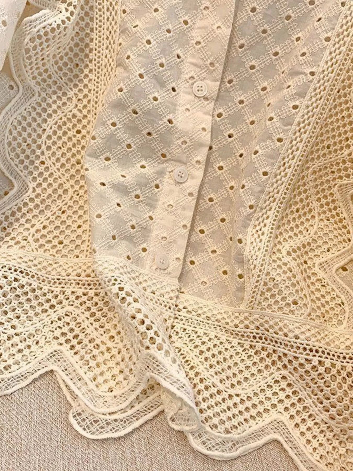 Eyelet Button-Up Shirt with Scalloped Hem