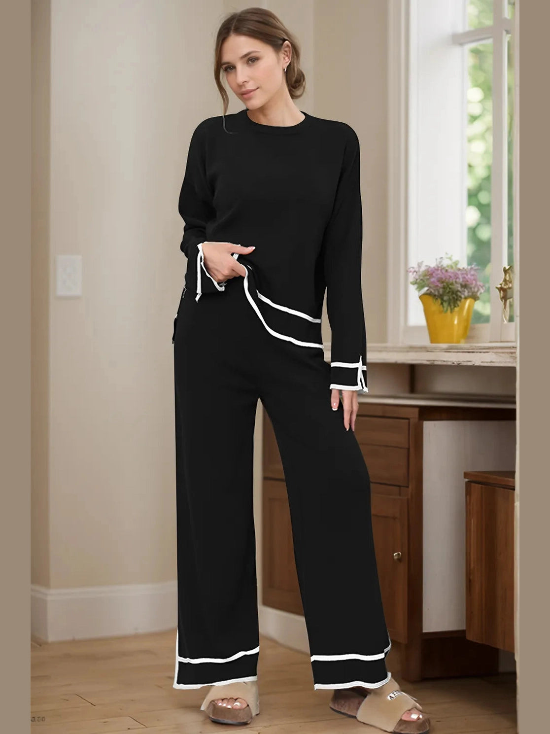 High-Low Round Neck Top and Pants Sweater Set nicholesgifts