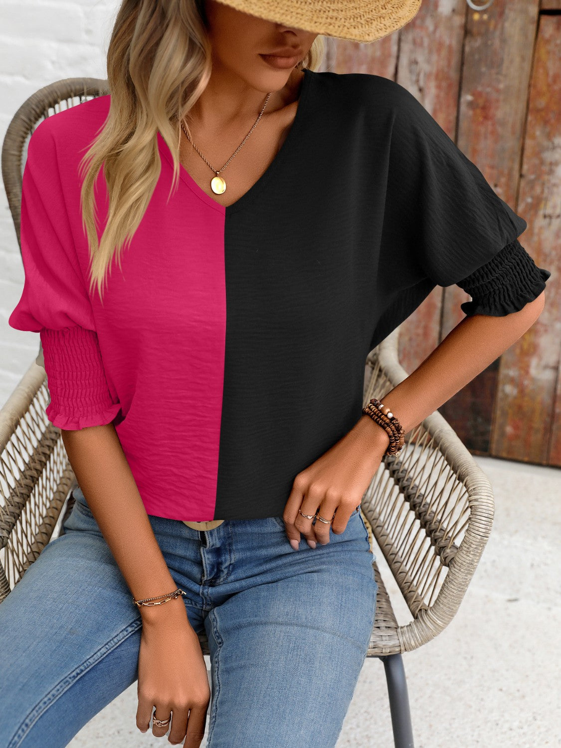 Women Contrast V-Neck Lantern Sleeve Blouse nicholesgifts