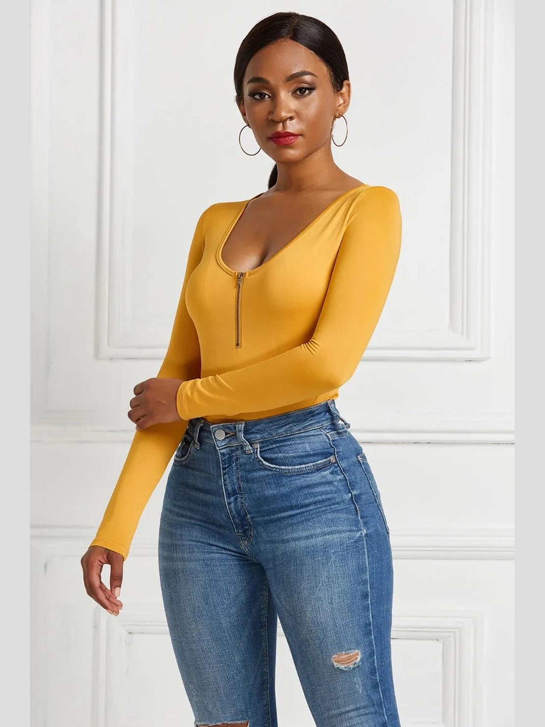 Half Zip Scoop Neck Long Sleeve Bodysuit nicholesgifts
