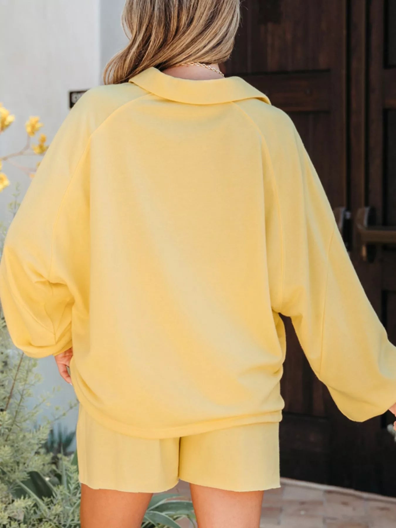 Button Collar Drop Shoulder Top and Shorts 2pcs Set Trendsi