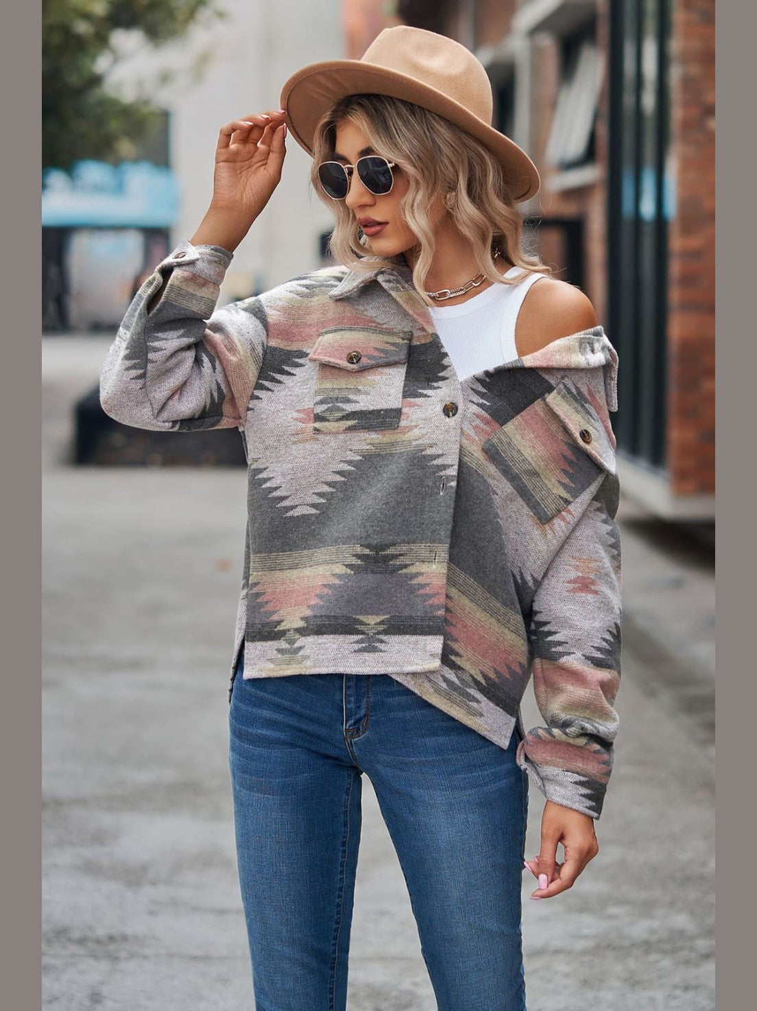 Printed Collared Neck Jacket nicholesgifts