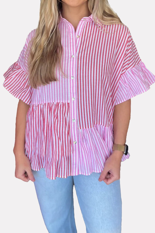 Striped Button Up Flounce Sleeve Shirt nicholesgifts