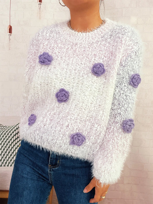 Flower Embellished Round Neck Sweater