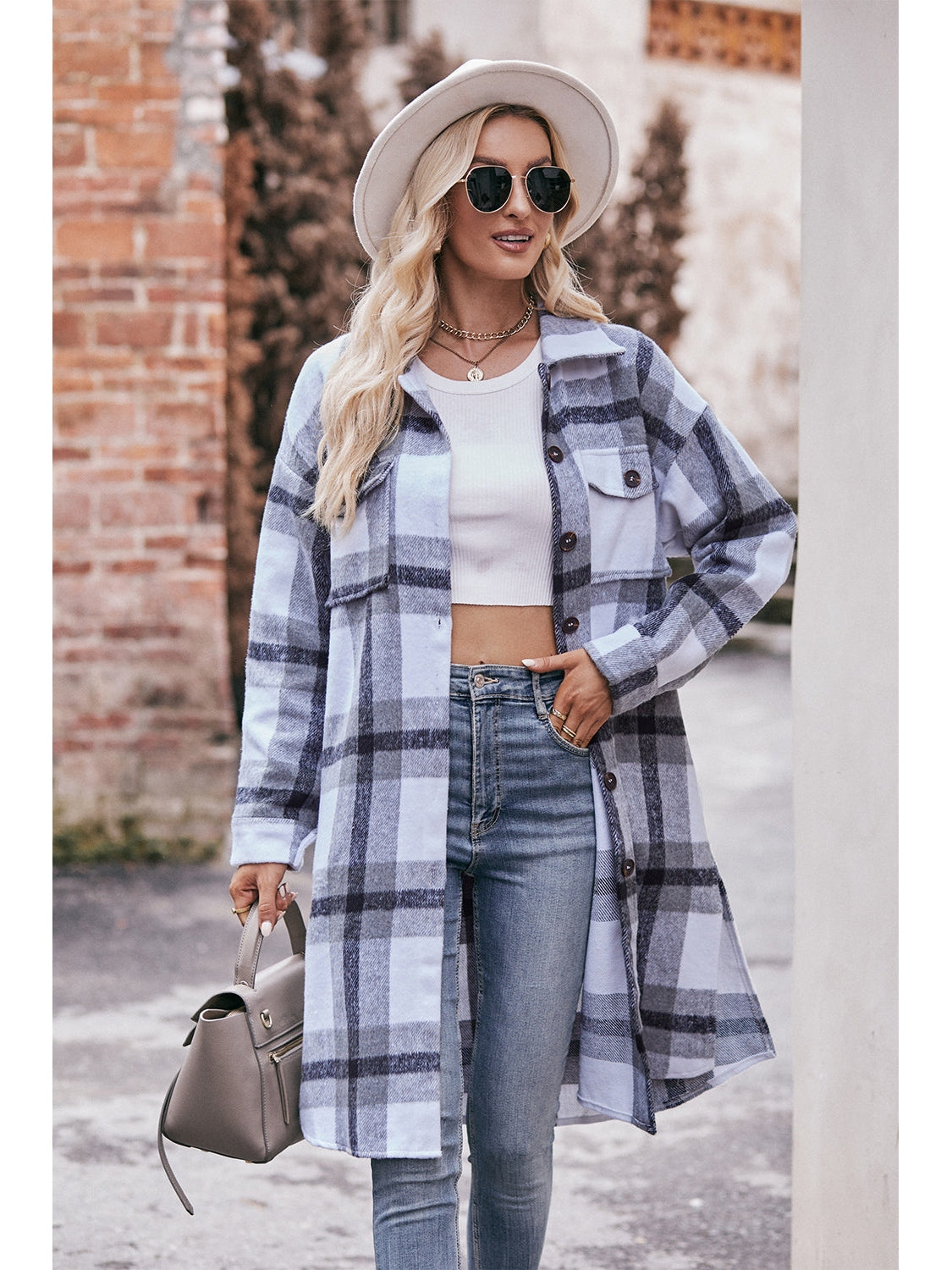 NicholesGifts Women Mandy Plaid Dropped Shoulder Longline Jacket