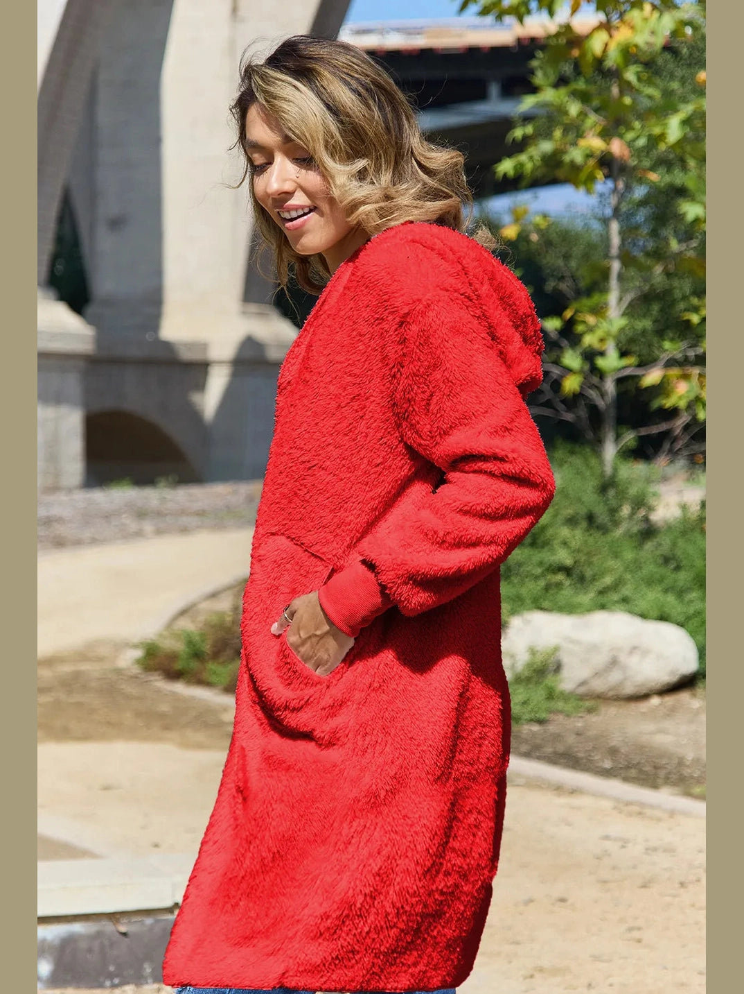 Double Take Full Size Hooded Teddy Bear Jacket with Thumbholes nicholesgifts