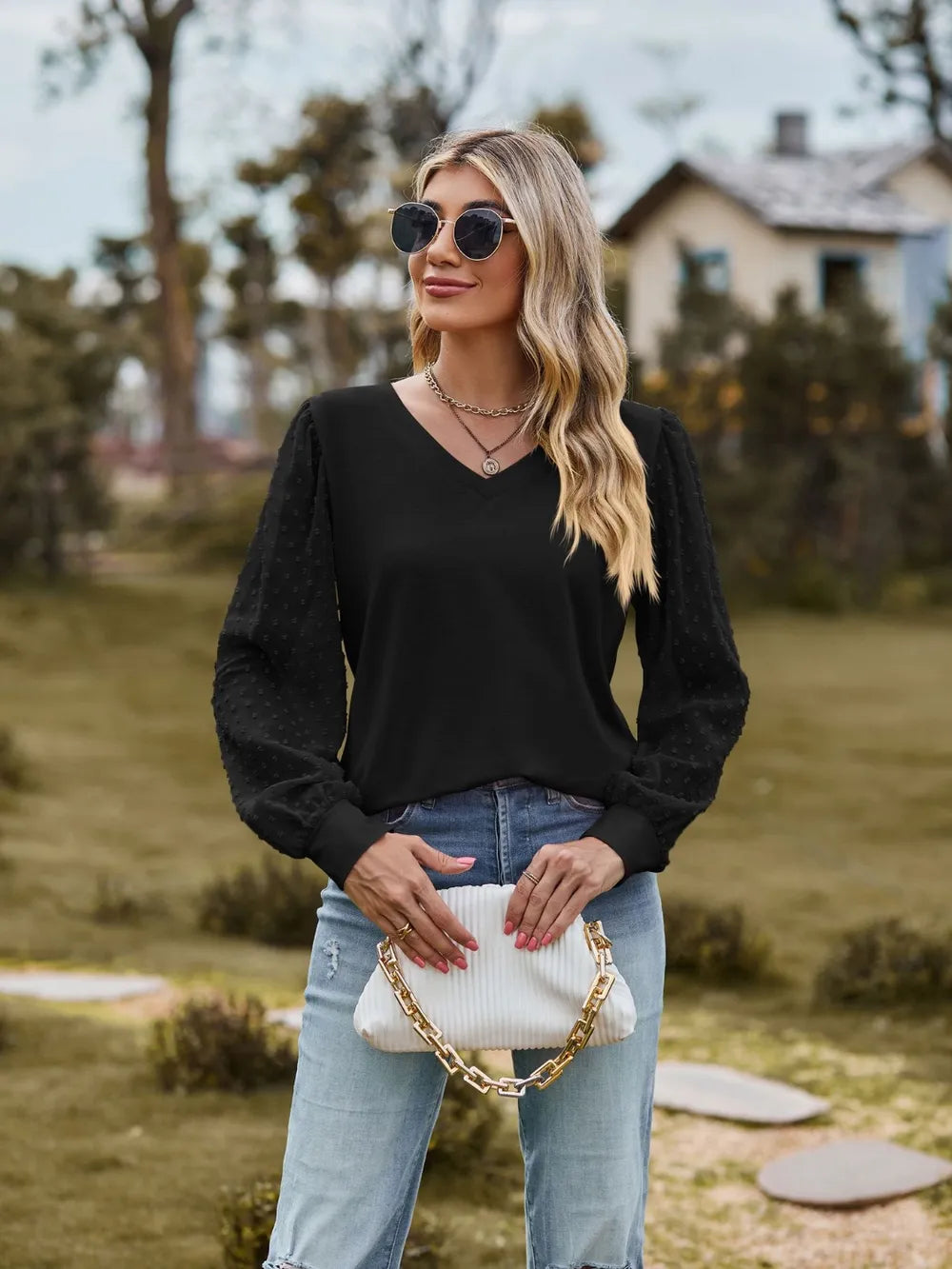 Swiss Dot V-Neck Long Sleeve Blouse NicholesGifts
