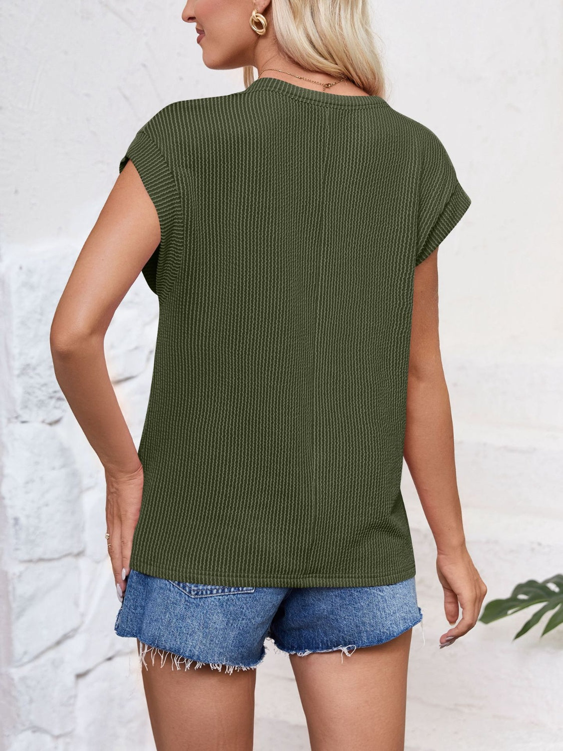 Textured Round Neck Cap Sleeve Blouse nicholesgifts