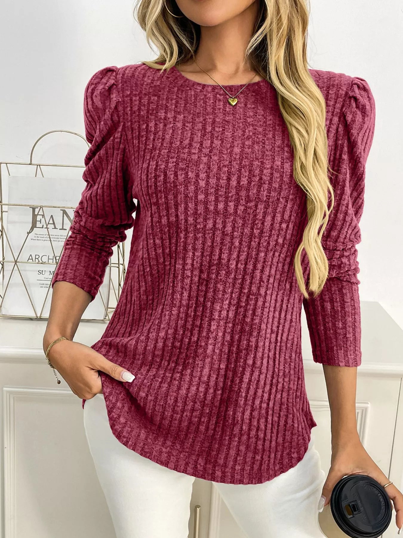 Round Neck Puff Sleeve T-Shirt Trendsi