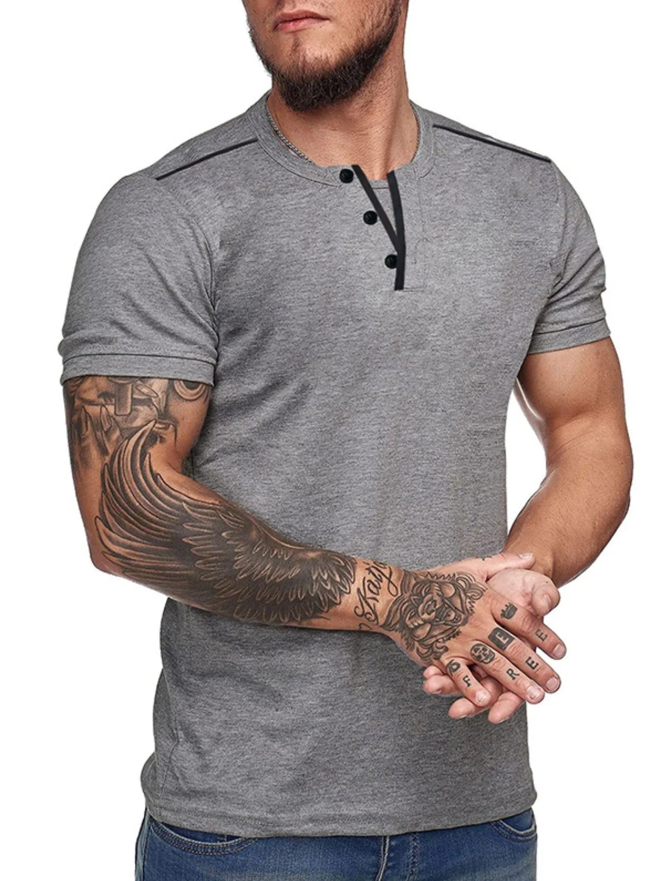 Men's Casual Henley Short Sleeve T-Shirt with Contrast Trim NicholesGifts