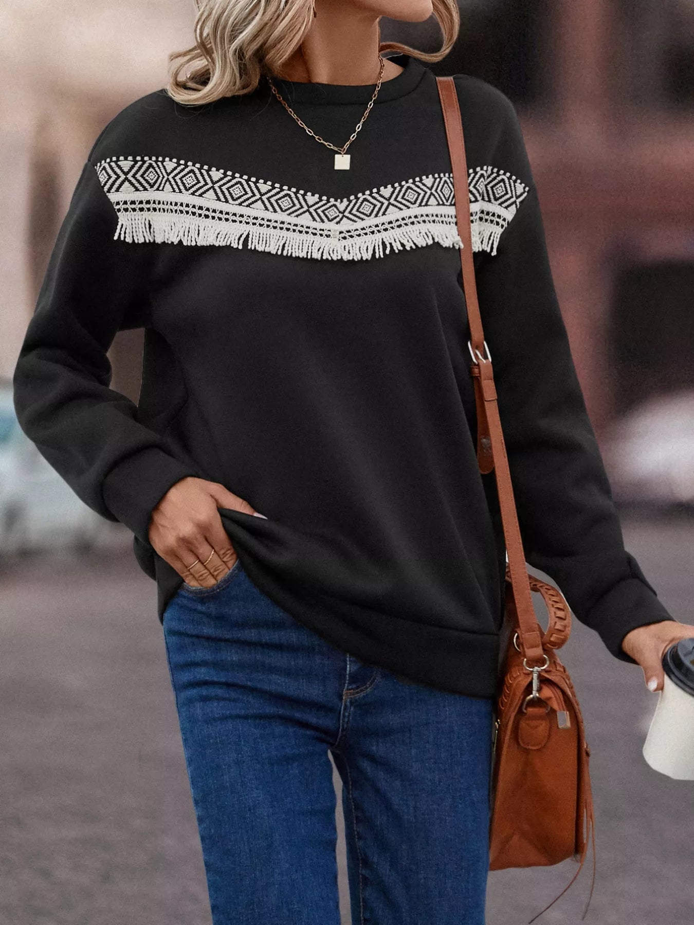 Fringe Trim Crew Neck Sweatshirt nicholesgifts