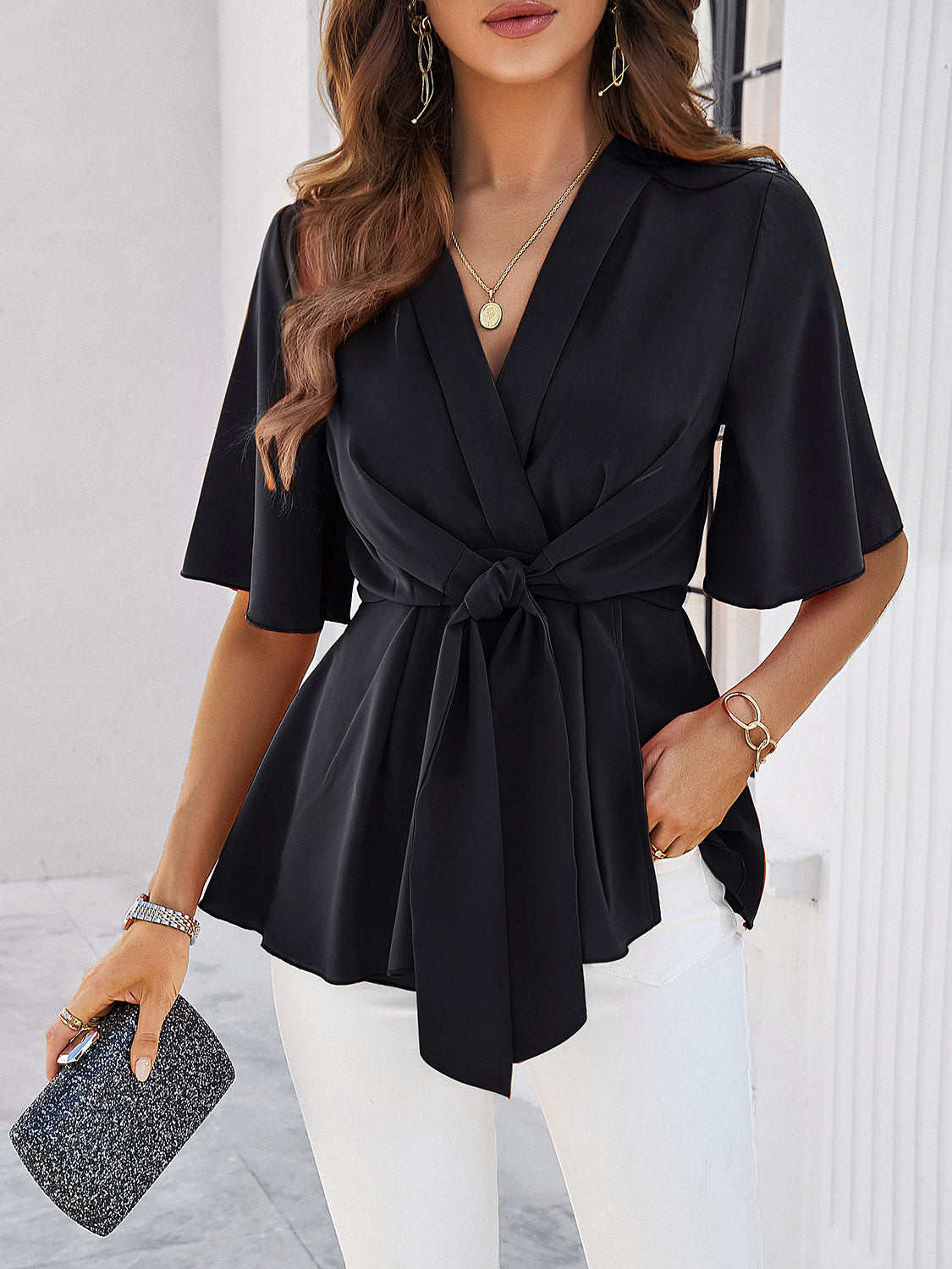Surplice Tie Waist Half Sleeve Blouse nicholesgifts