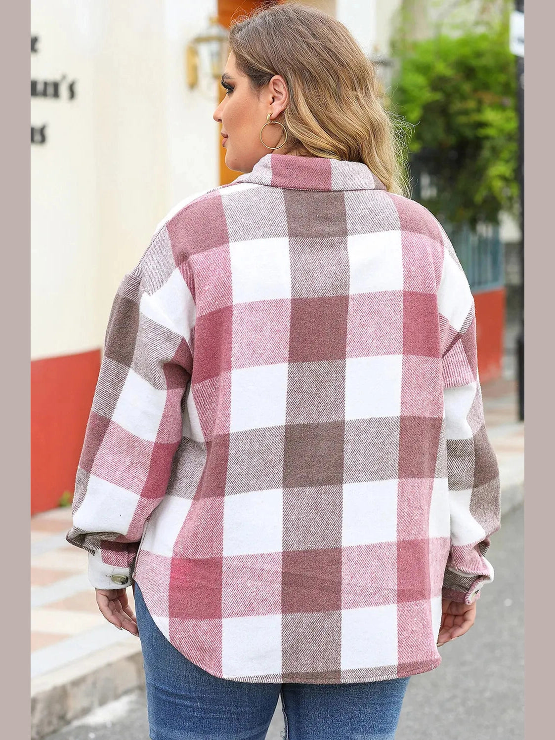 Plus Size Plaid Button Up Collared Neck Jacket nicholesgifts