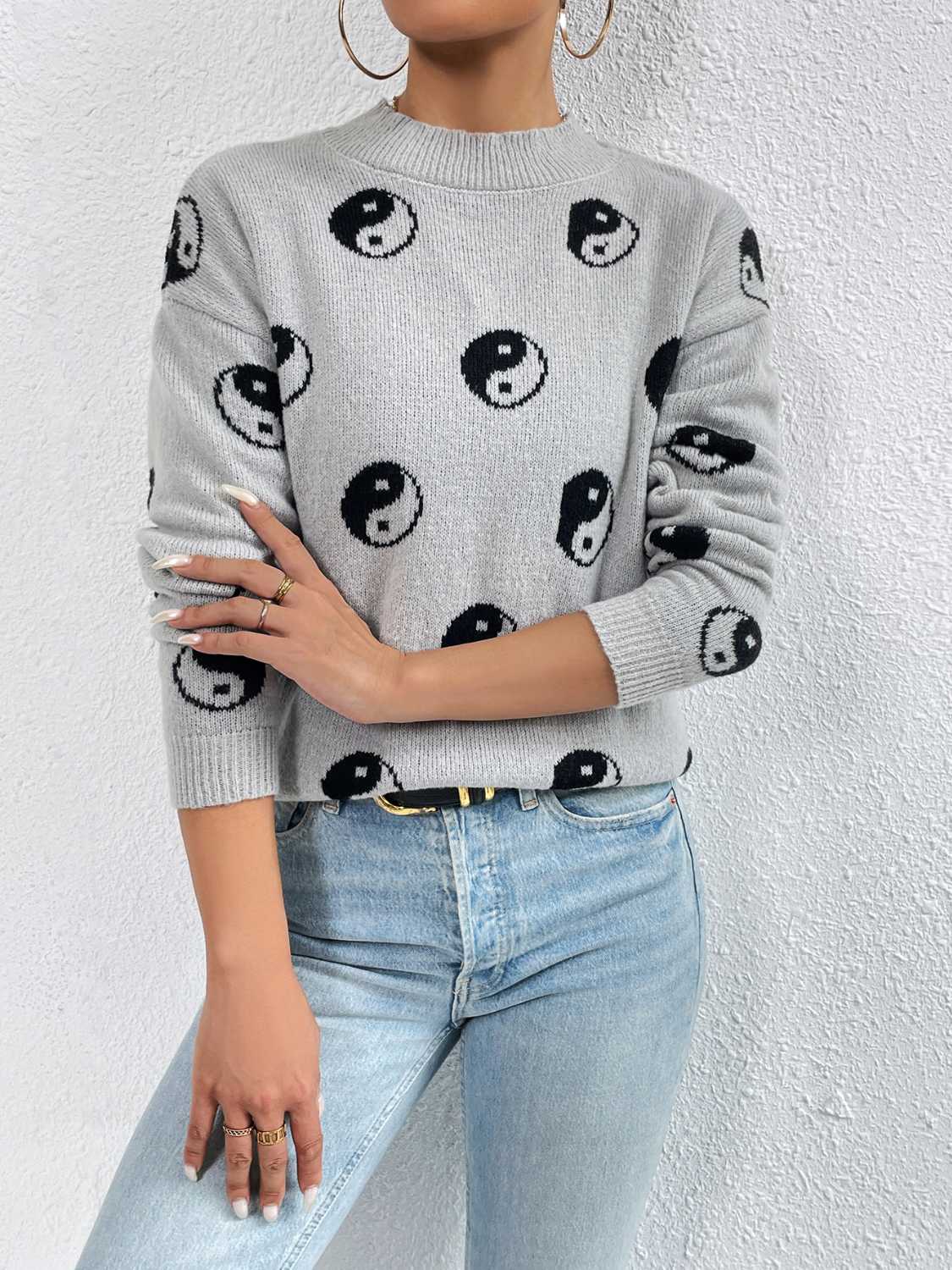 Patterned Drop Shoulder Sweater Trendsi