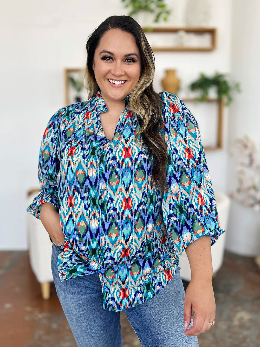 Double Take Full Size Printed Balloon Sleeve Blouse nicholesgifts