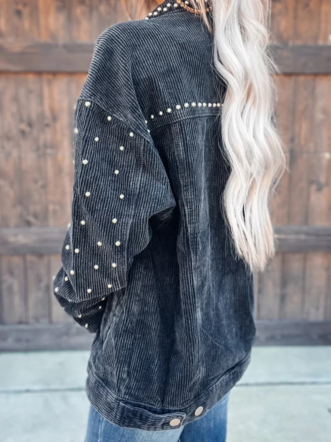 Studded Collared Neck Button Down Jacket nicholesgifts