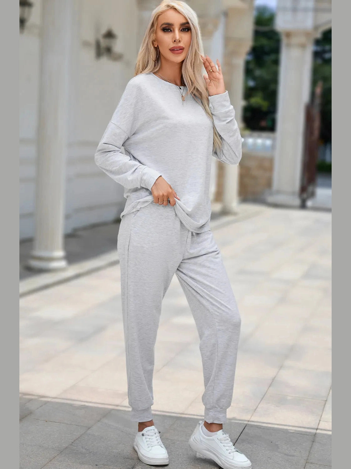 Round Neck Top and Drawstring Pants Lounge Set nicholesgifts