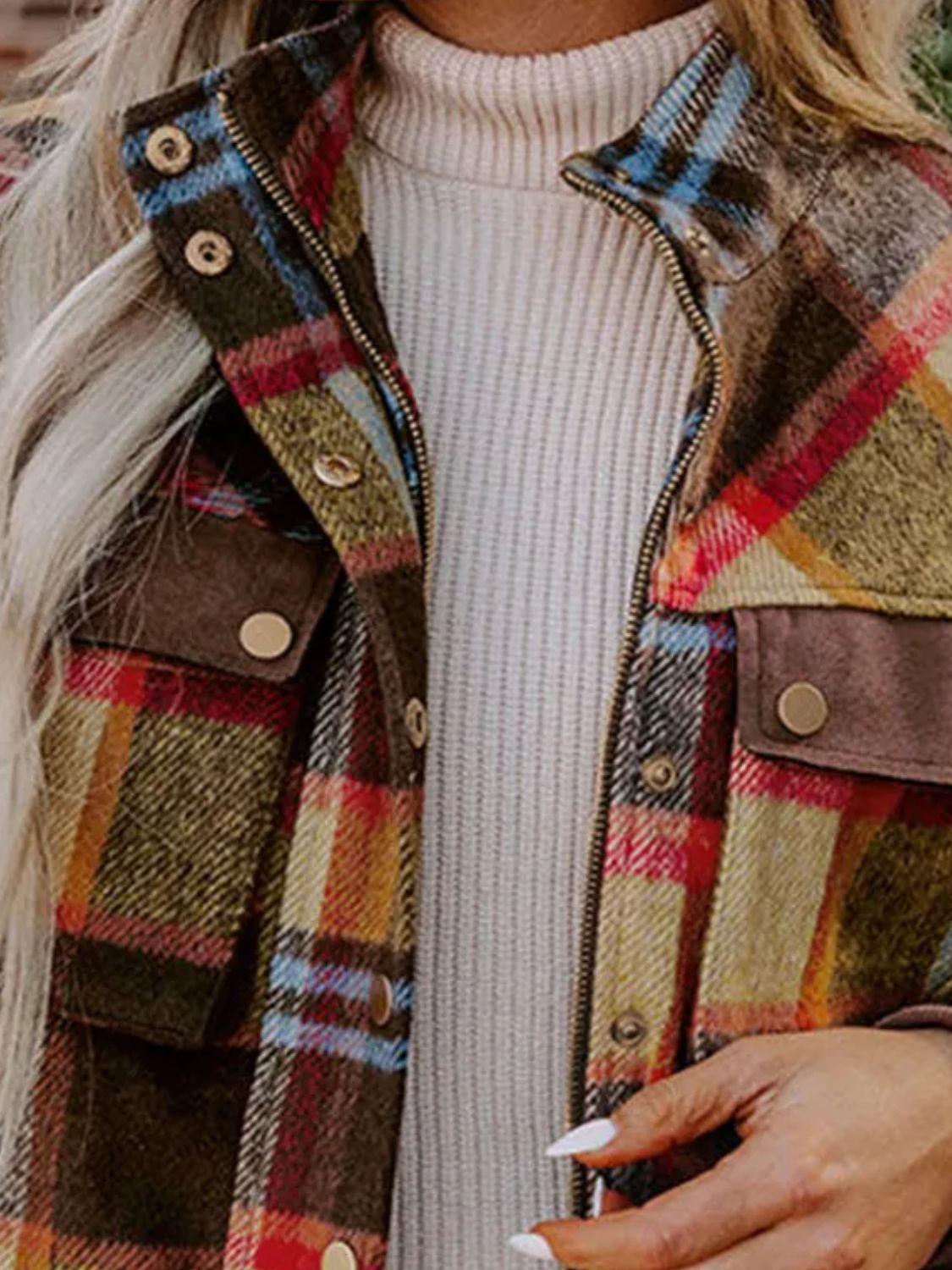 Pocketed Plaid Long Sleeve Jacket NicholesGifts