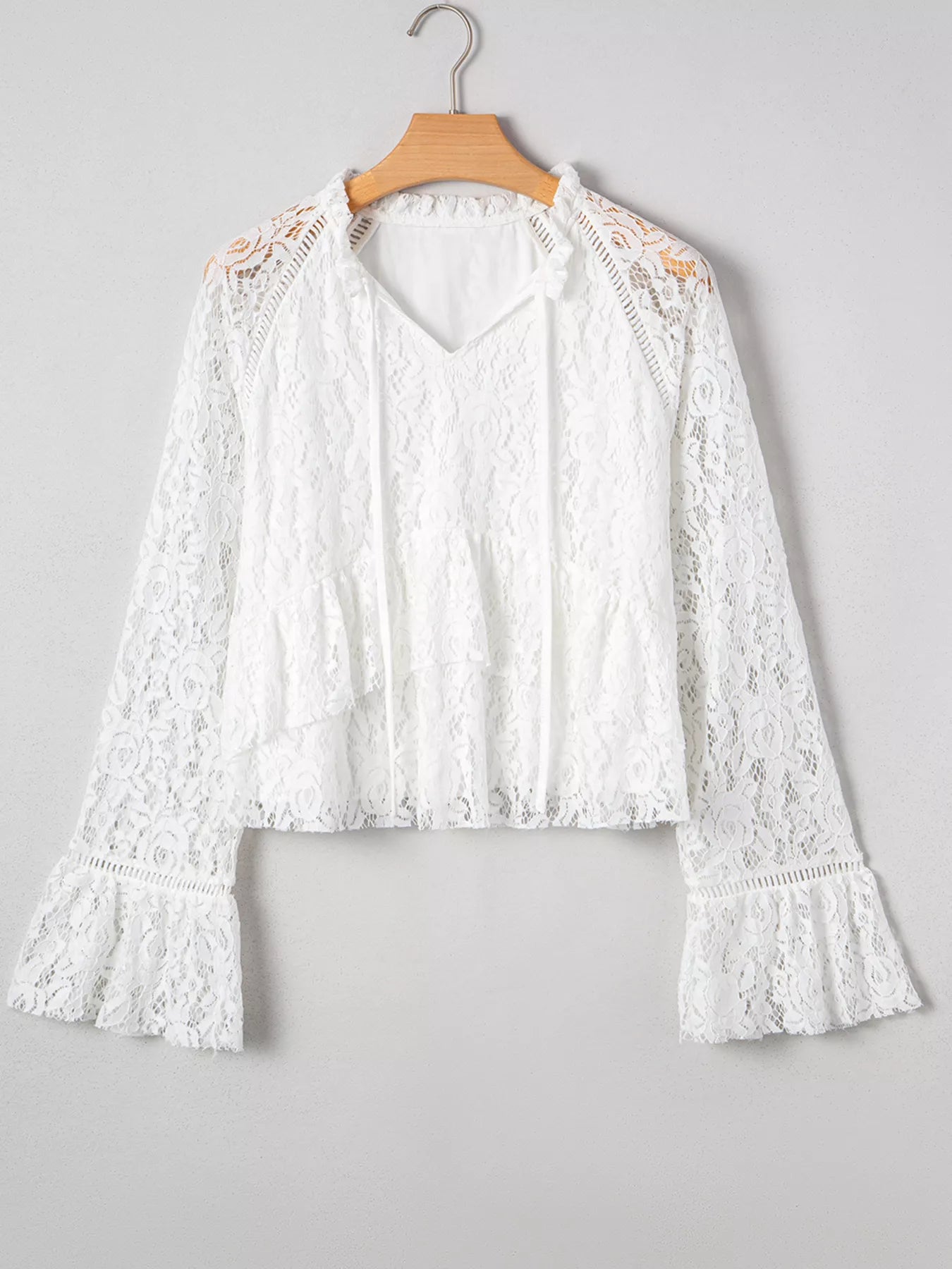 Tie Neck Lace Ruffle Detail Long Sleeve Blouse Trendsi