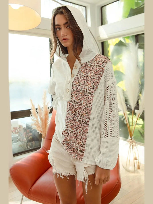 BiBi Slub Jersey with Lace Combo Buttoned Hoodie Top