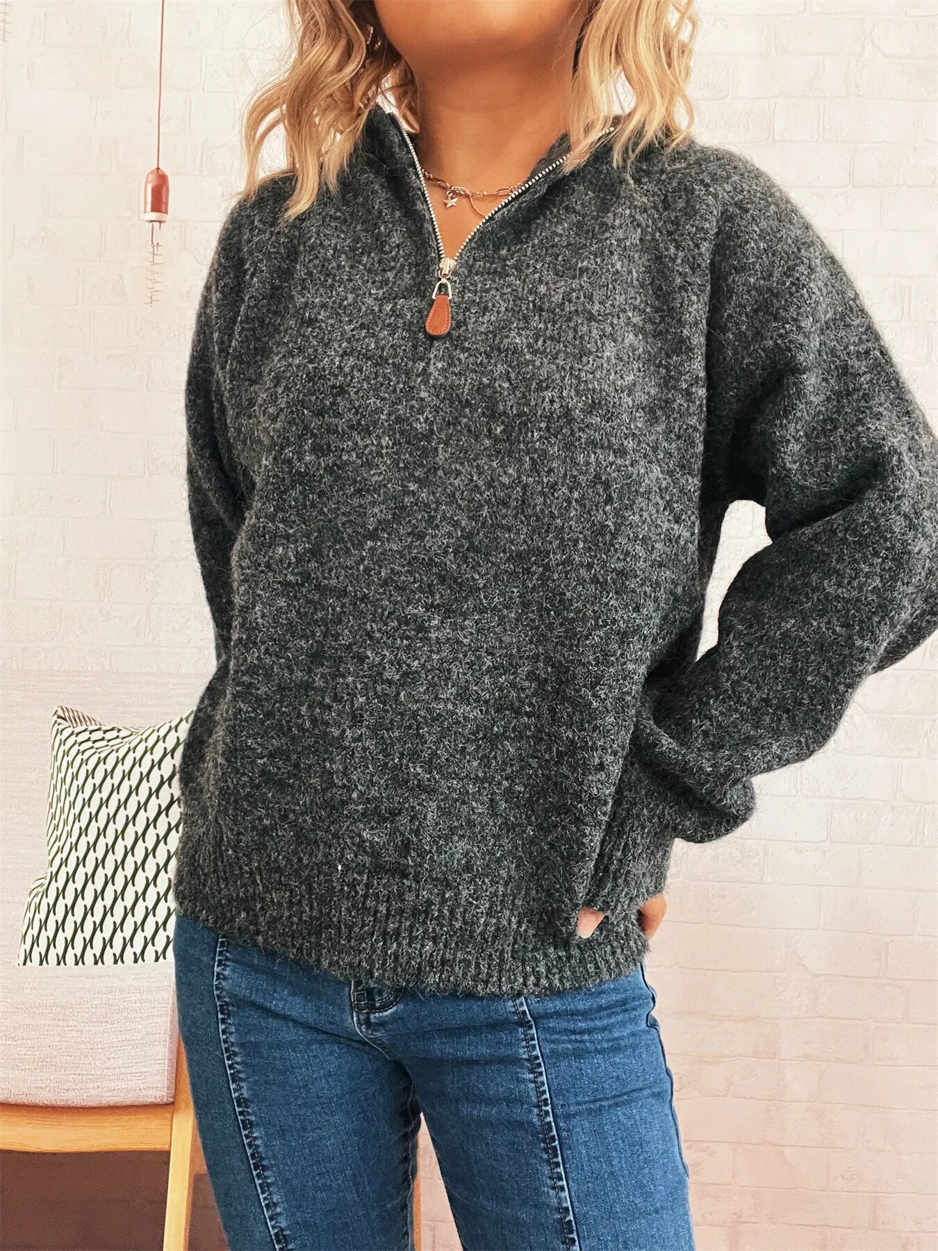 Quarter Zip Ribbed Hem Sweater