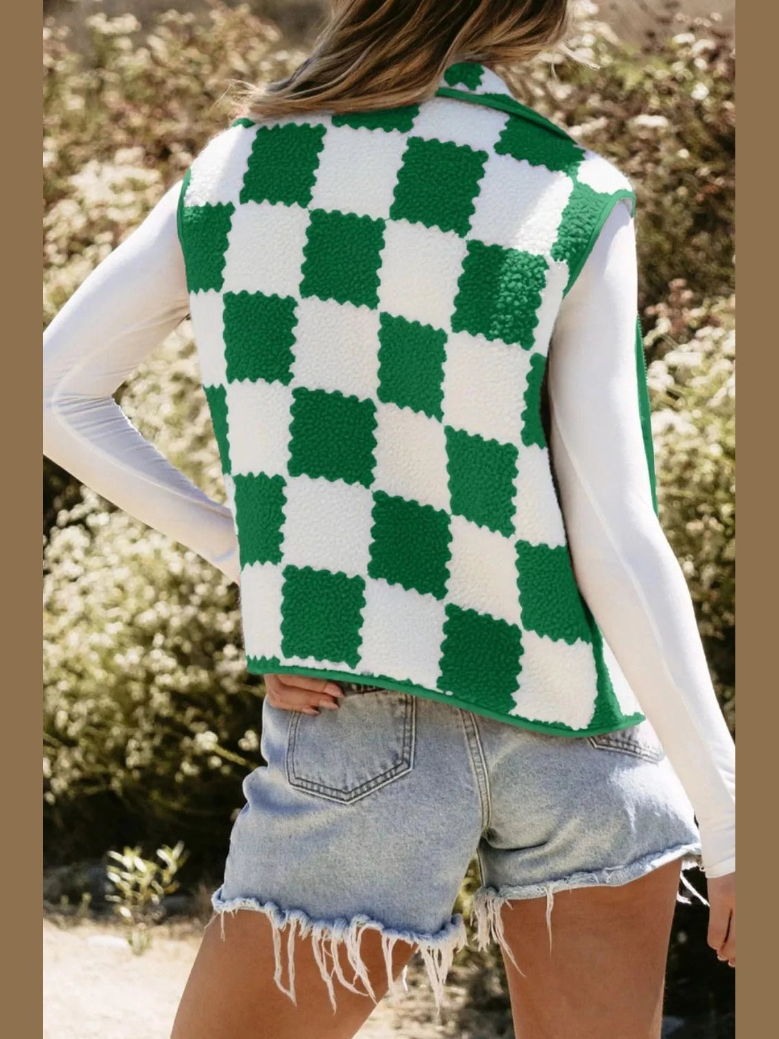 Checkerboard Fleece Sherpa Vest Coat nicholesgifts