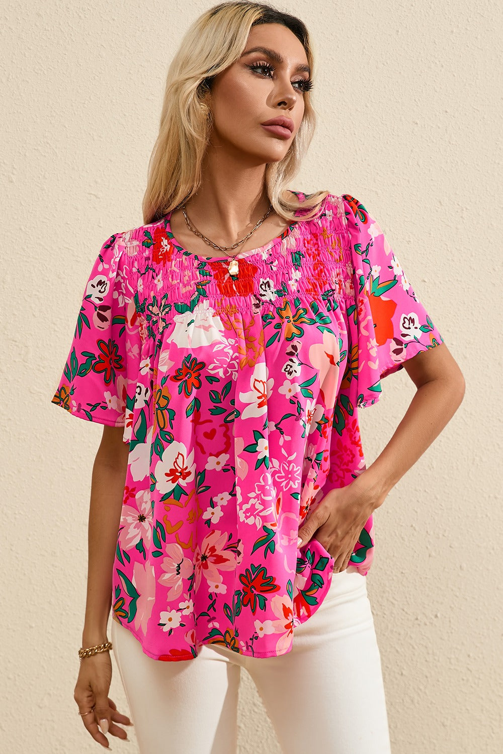 Smocked Printed Round Neck Half Sleeve Blouse nicholesgifts