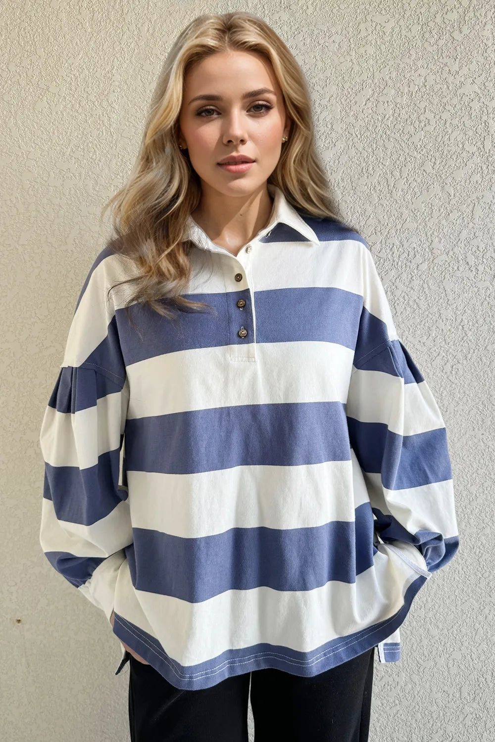 Oh Pima Cotton Wash Wide Striped Collared Neck Long Sleeve Top Trendsi