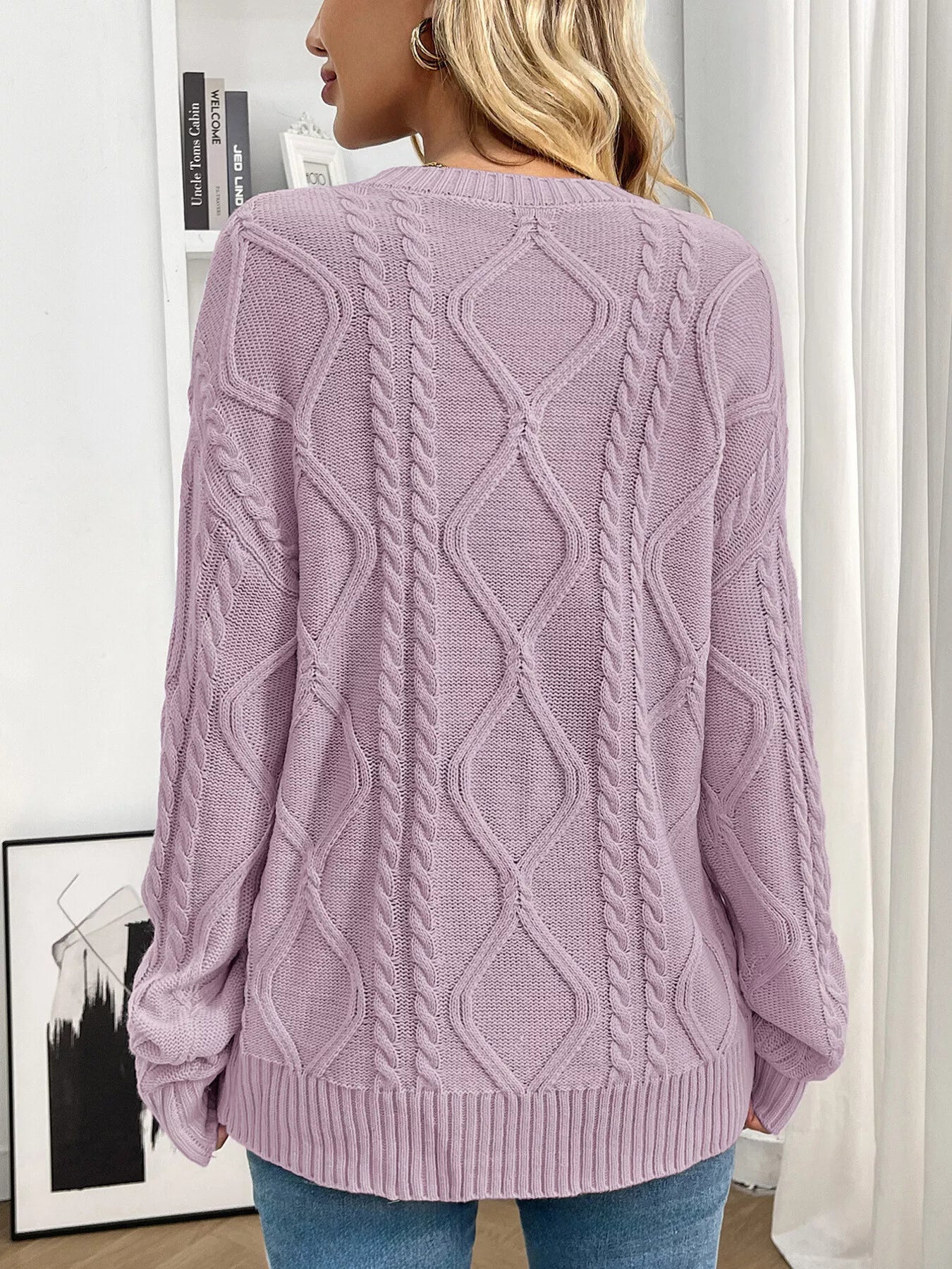 Cable Knit Round Neck Long Sleeve Sweater Trendsi
