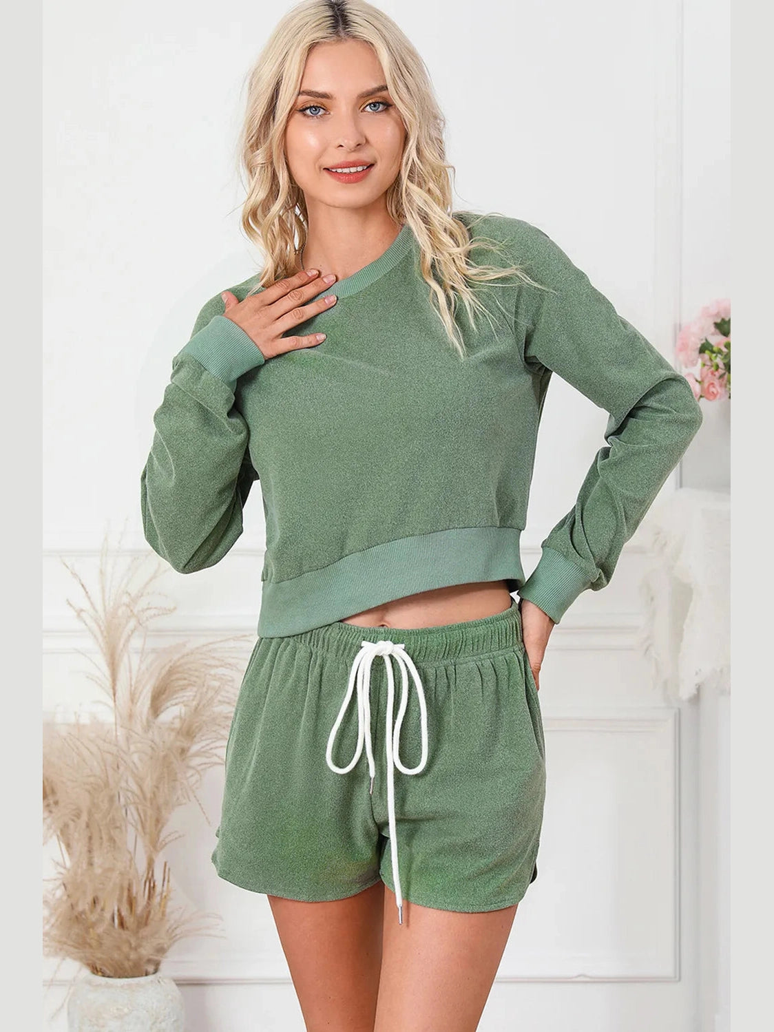 Round Neck Long Sleeve Top and Drawstring Shorts Lounge Set nicholesgifts