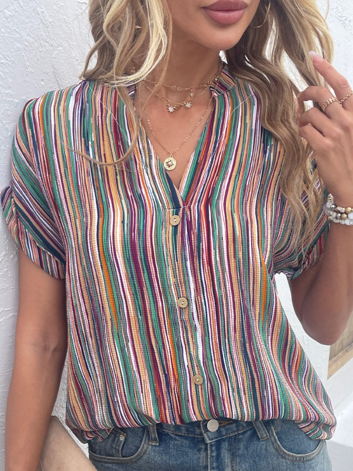 Striped Notched Short Sleeve Blouse nicholesgifts