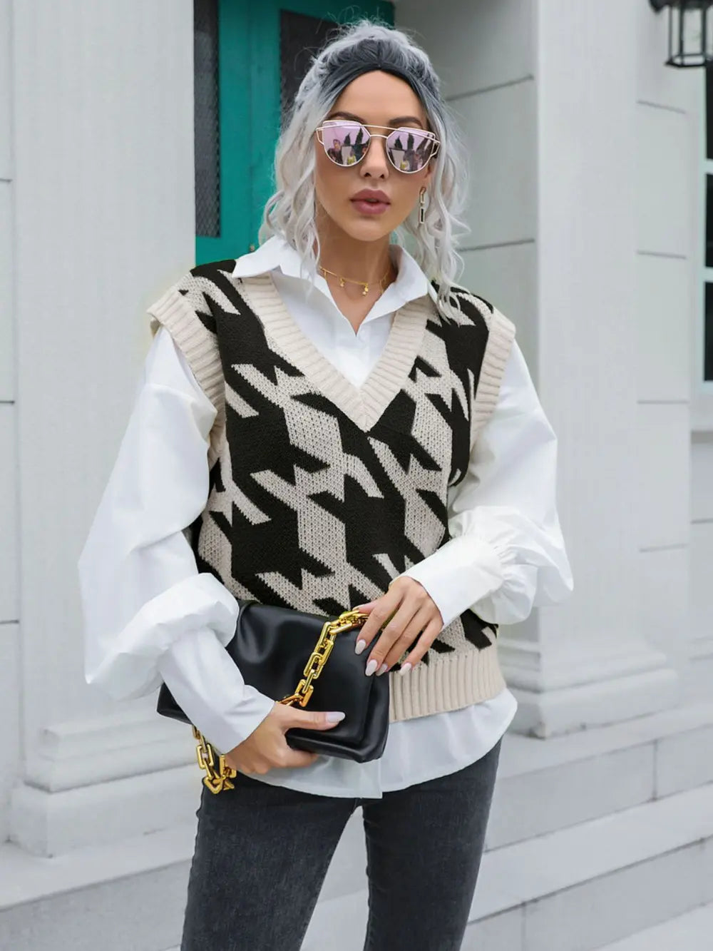 Houndstooth V-Neck Sweater Vest Trendsi