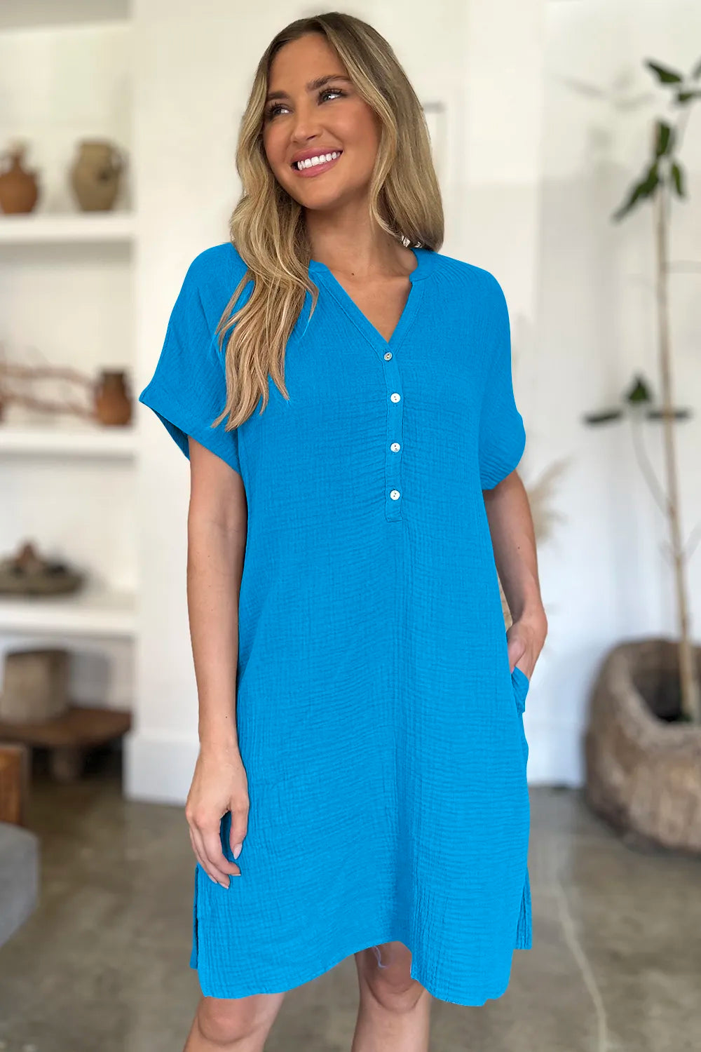 FAM-FAM Slit Notched Short Sleeve Mini Dress Trendsi