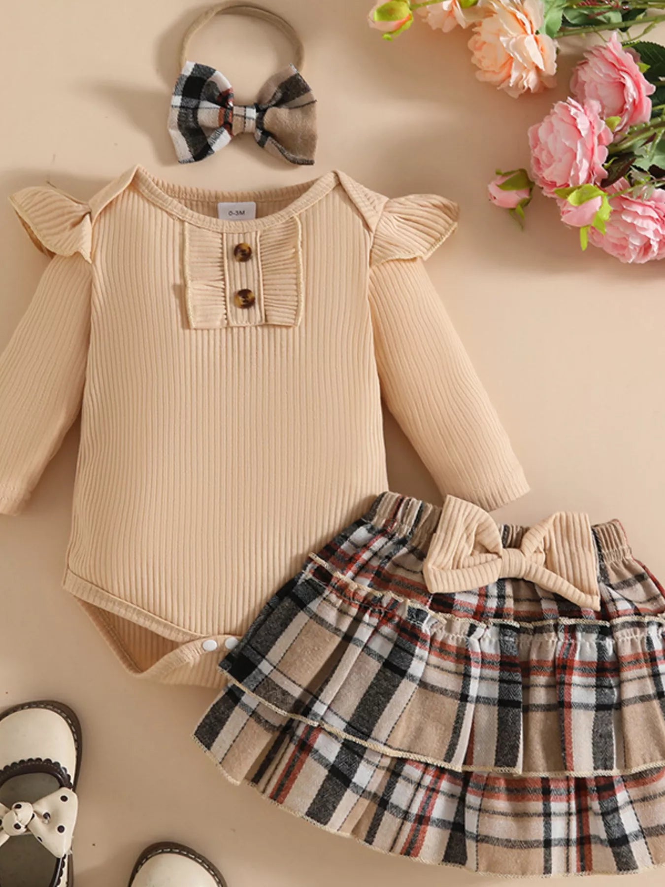 Children's Ruffled Ribbed Bodysuit and Skirt Set with Headband NicholesGifts