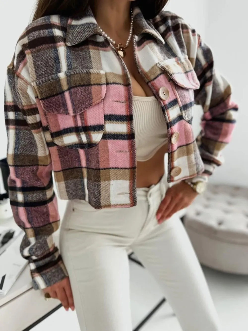 Pocketed Collared Neck Long Sleeve Plaid Jacket Trendsi