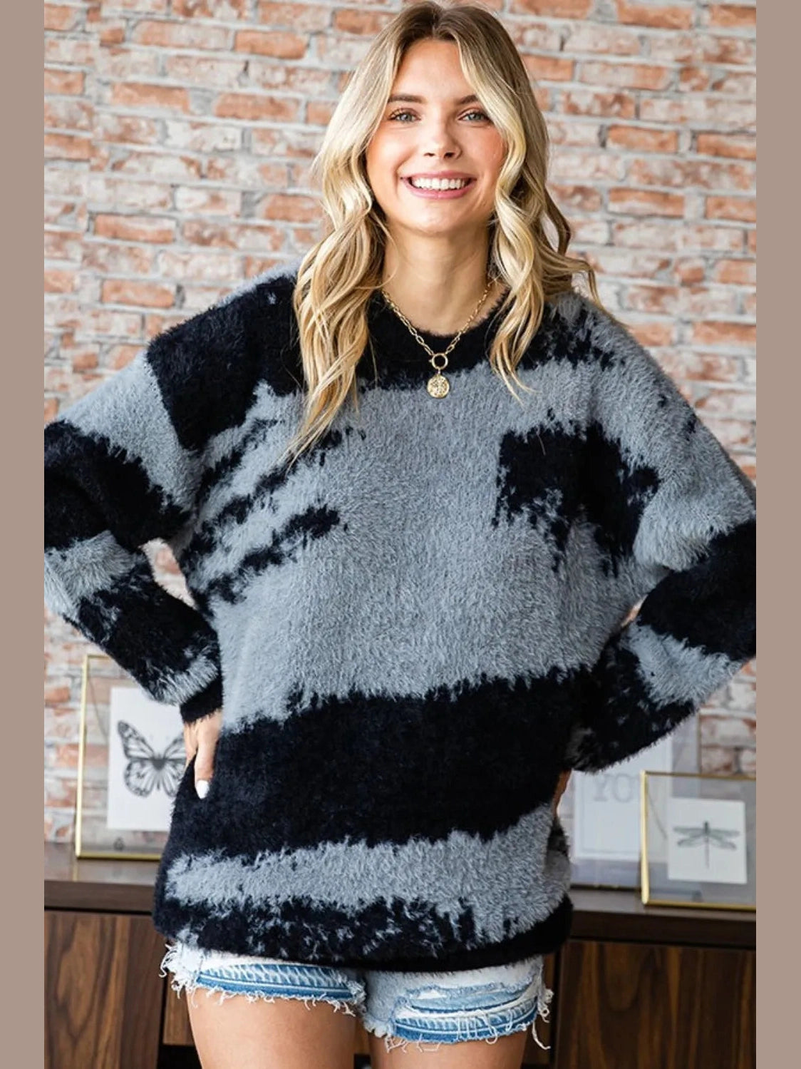 First Love Full Size Abstract Pattern Contrast Feather Yarn Sweater Trendsi