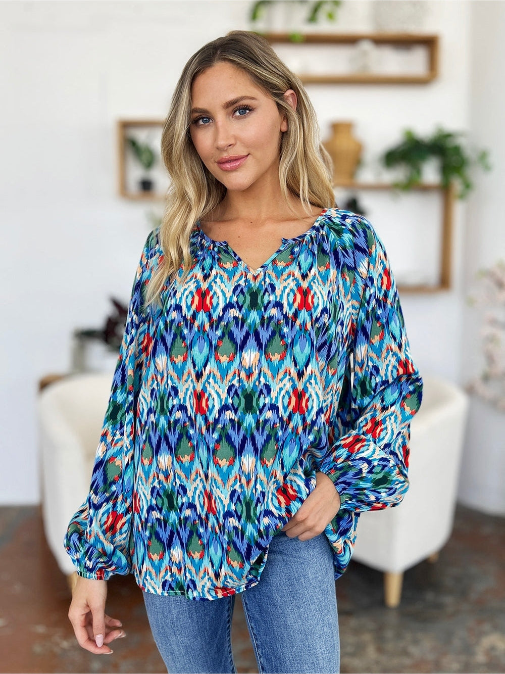 Women Double Take Full Size Printed Balloon Sleeve Blouse nicholesgifts