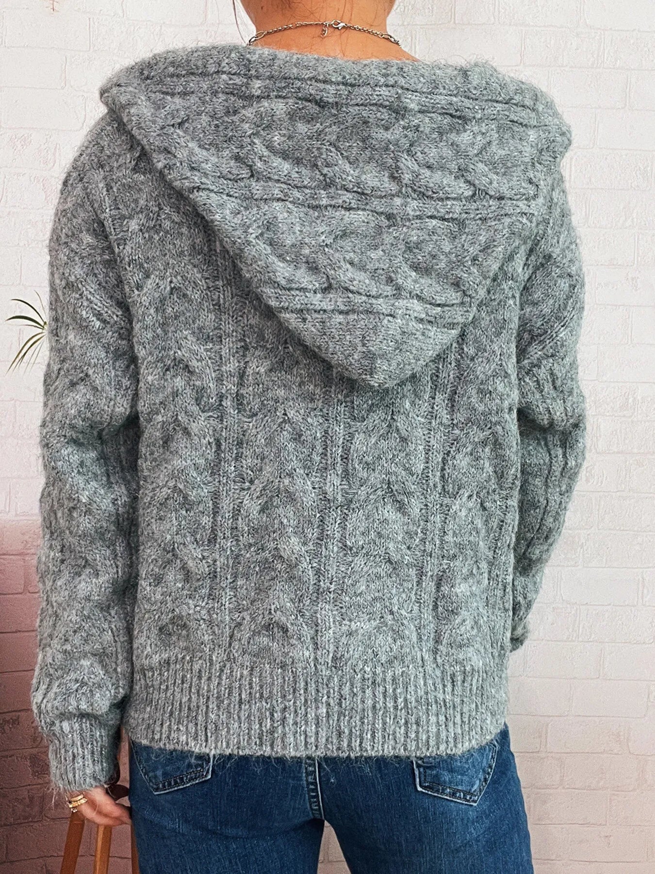 Cable Knit Hooded Zip-Up Cardigan