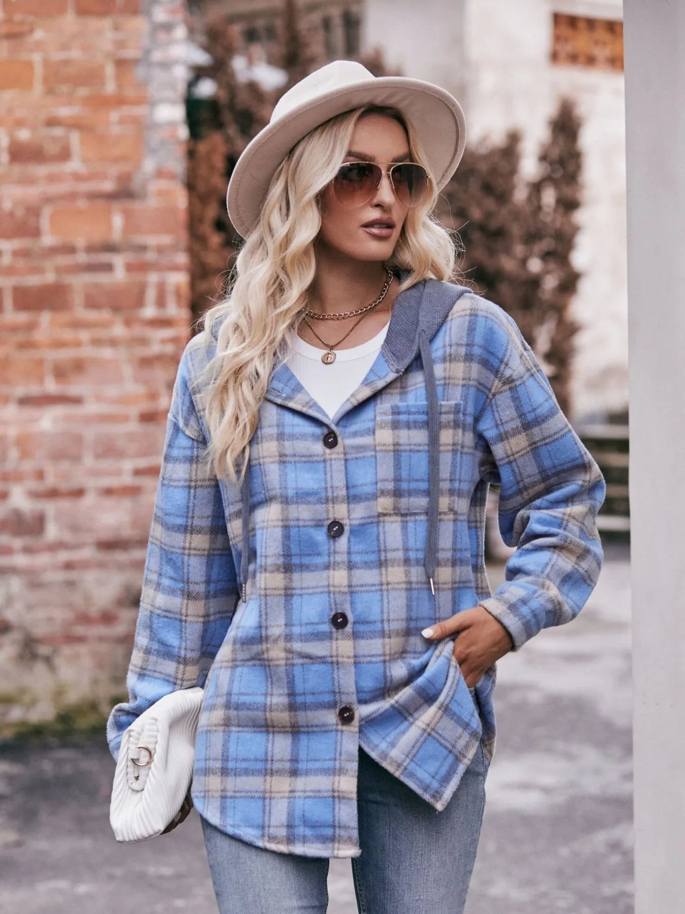 Oversized Plaid Button Up Shacket Trendsi
